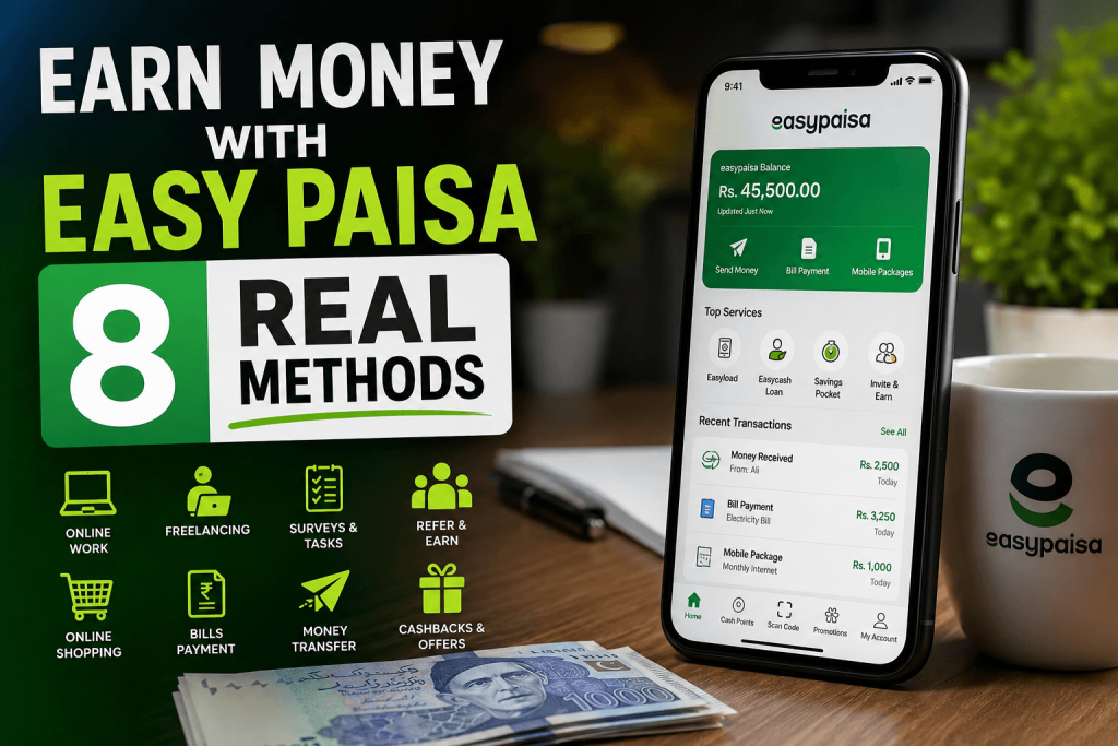 Earn money with Easypaisa in Pakistan using 8 real methods, showing 9.5% savings profit and 13% on 7-day term deposits